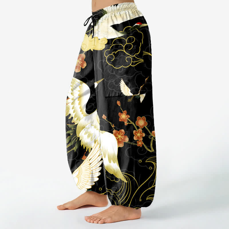 Buddha Stones Cotton Oriental Crane Blossom Cloud Pattern Women's Elastic Waist Harem Pants With Side Pockets - image 1
