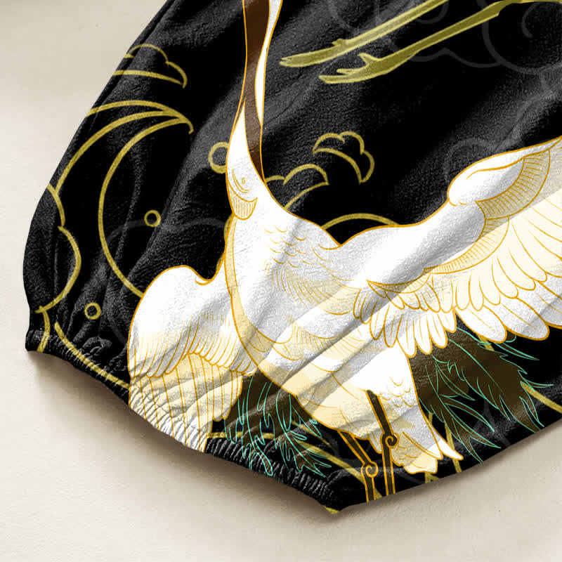 Buddha Stones Cotton Oriental Crane Blossom Cloud Pattern Women's Elastic Waist Harem Pants With Side Pockets - image 6