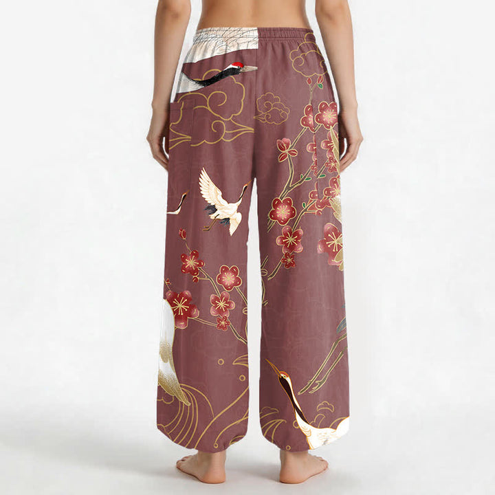 Buddha Stones Cotton Oriental Crane Blossom Cloud Pattern Women's Elastic Waist Harem Pants With Side Pockets - image 12