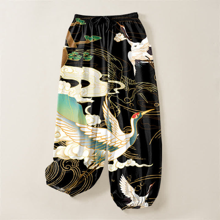 Buddha Stones Cotton Oriental Crane Wave Pattern Women's Elastic Waist Harem Pants With Side Pockets - image 3