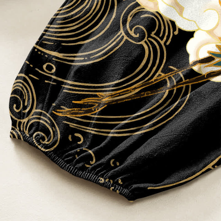 Buddha Stones Cotton Oriental Crane Wave Pattern Women's Elastic Waist Harem Pants With Side Pockets - image 6