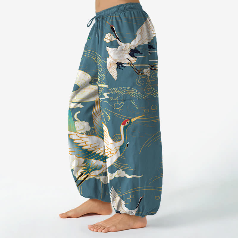 Buddha Stones Cotton Oriental Crane Wave Pattern Women's Elastic Waist Harem Pants With Side Pockets - image 8