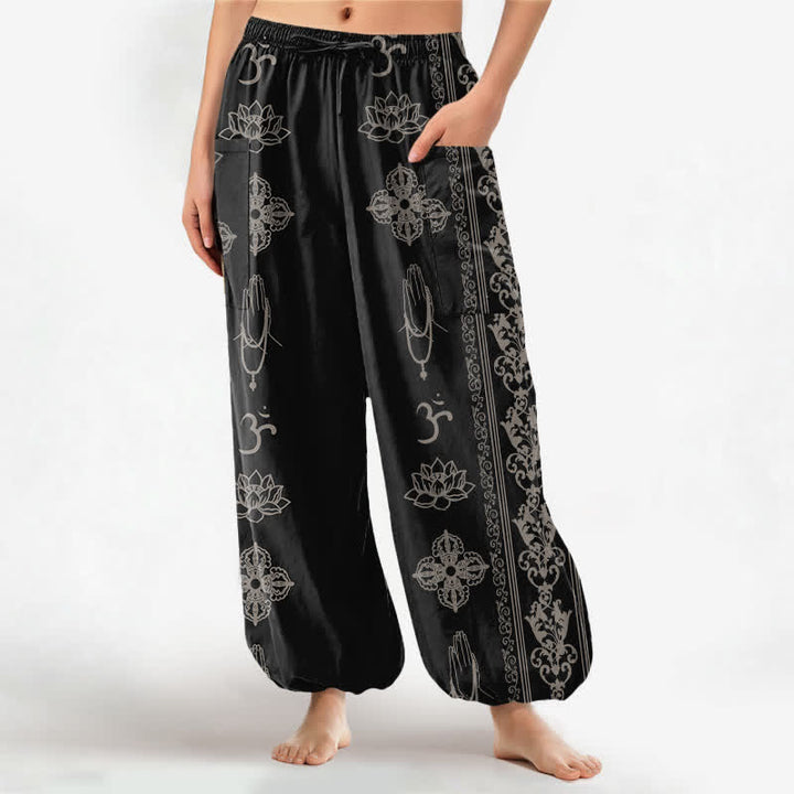 Buddha Stones Cotton Lotus Flowers Double Dorje Vajra Namaste OM Pattern Women's Elastic Waist Harem Pants With Side Pockets - Black - US16，UK/AU20，EU48 (3XL) - image 0