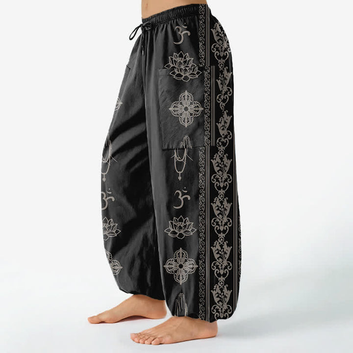 Buddha Stones Cotton Lotus Flowers Double Dorje Vajra Namaste OM Pattern Women's Elastic Waist Harem Pants With Side Pockets - image 1