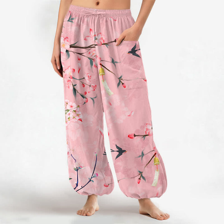 Buddha Stones Cotton Peach Blossoms Flying Birds Pattern Women's Elastic Waist Harem Pants With Side Pockets - LightPink - US16，UK/AU20，EU48 (3XL) - image 7