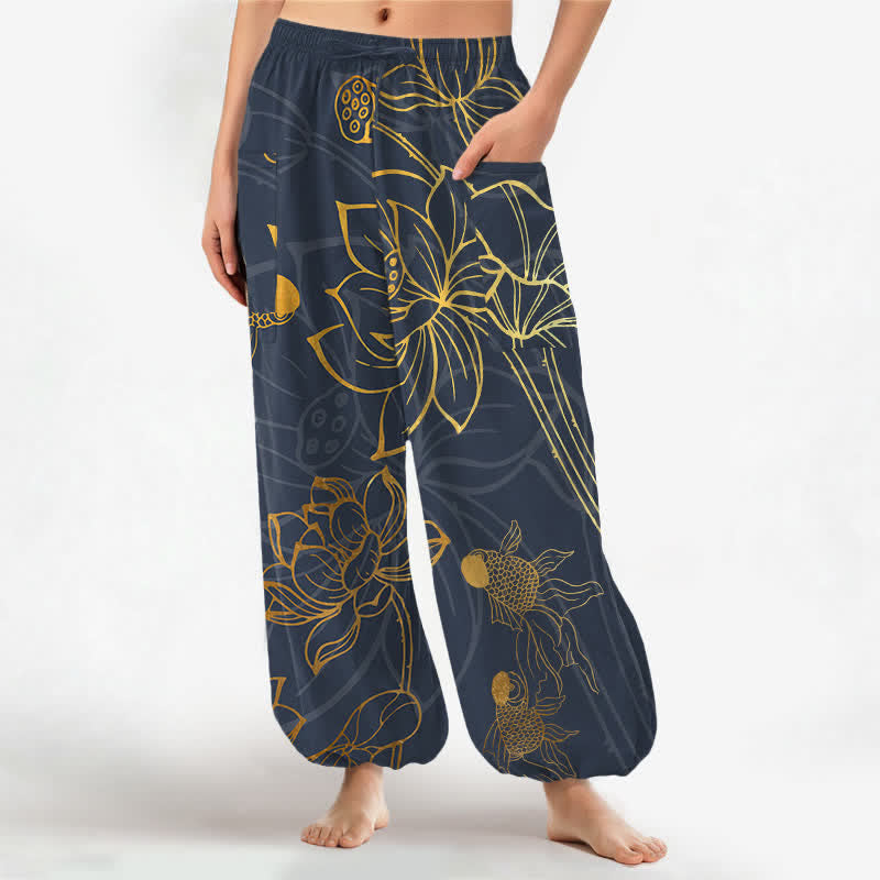 Buddha Stones Cotton Golden Lotus Koi Fish Pattern Women's Elastic Waist Harem Pants With Side Pockets - DimGray - US16，UK/AU20，EU48 (3XL) - image 7