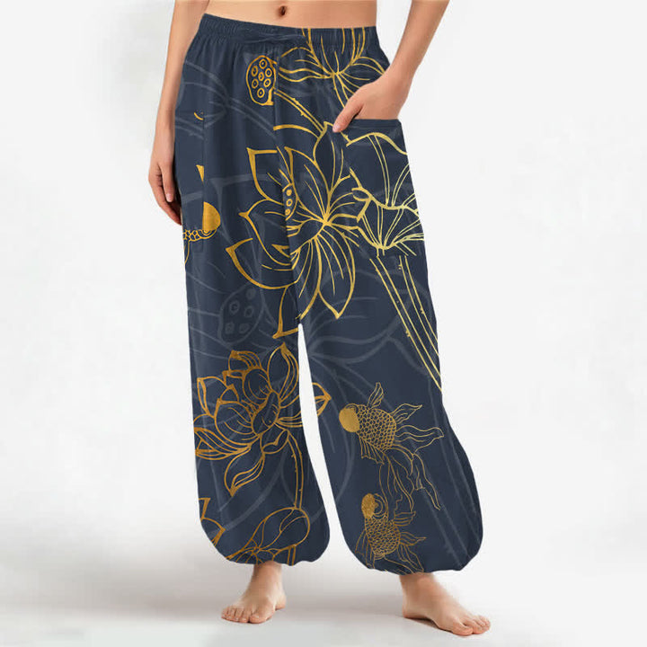 Buddha Stones Cotton Golden Lotus Koi Fish Pattern Women's Elastic Waist Harem Pants With Side Pockets - DimGray - US16，UK/AU20，EU48 (3XL) - image 7