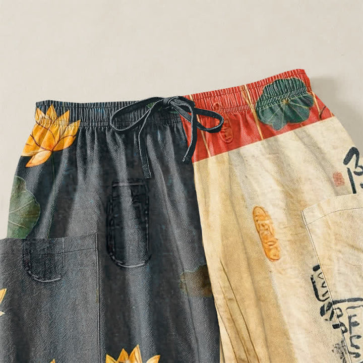 Buddha Stones Cotton Oriental Lotus Leaves Patchwork Design Pattern Women's Elastic Waist Harem Pants With Side Pockets - image 5