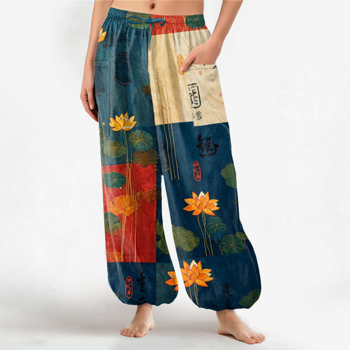 Buddha Stones Cotton Oriental Lotus Leaves Patchwork Design Pattern Women's Elastic Waist Harem Pants With Side Pockets - SteelBlue - US16，UK/AU20，EU48 (3XL) - image 7