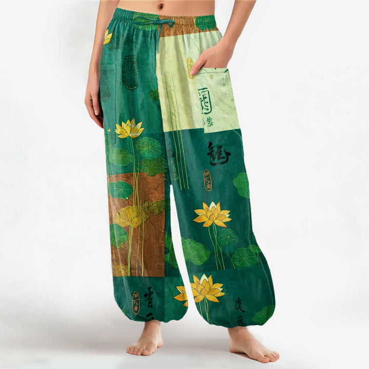 Buddha Stones Cotton Oriental Lotus Leaves Patchwork Design Pattern Women's Elastic Waist Harem Pants With Side Pockets - MediumAquamarine - US16，UK/AU20，EU48 (3XL) - image 10