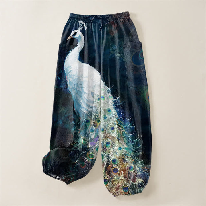 Buddha Stones Cotton White Peacock Feather Pattern Women's Elastic Waist Harem Pants With Side Pockets - image 3