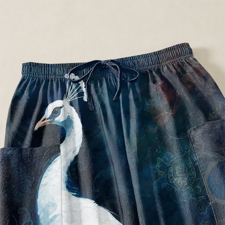 Buddha Stones Cotton White Peacock Feather Pattern Women's Elastic Waist Harem Pants With Side Pockets - image 5
