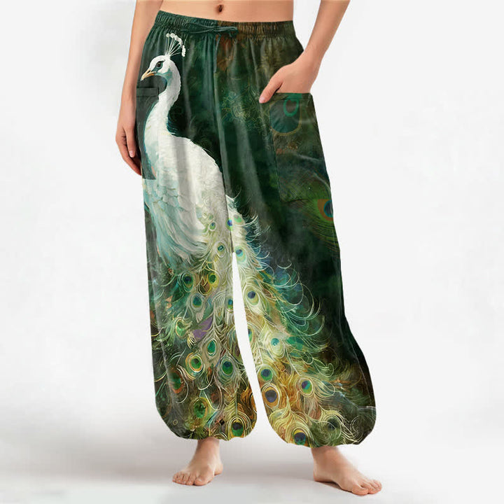 Buddha Stones Cotton White Peacock Feather Pattern Women's Elastic Waist Harem Pants With Side Pockets - DarkGreen - US16，UK/AU20，EU48 (3XL) - image 10