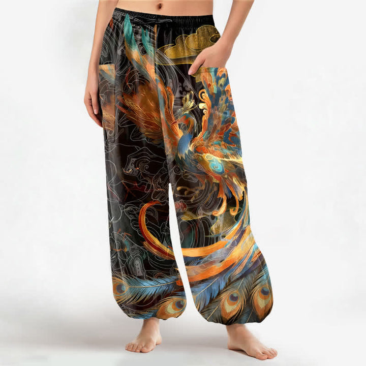 Buddha Stones Cotton Bohemian Flying Phoenix Feather Pattern Women's Elastic Waist Harem Pants With Side Pockets - Black - US16，UK/AU20，EU48 (3XL) - image 0