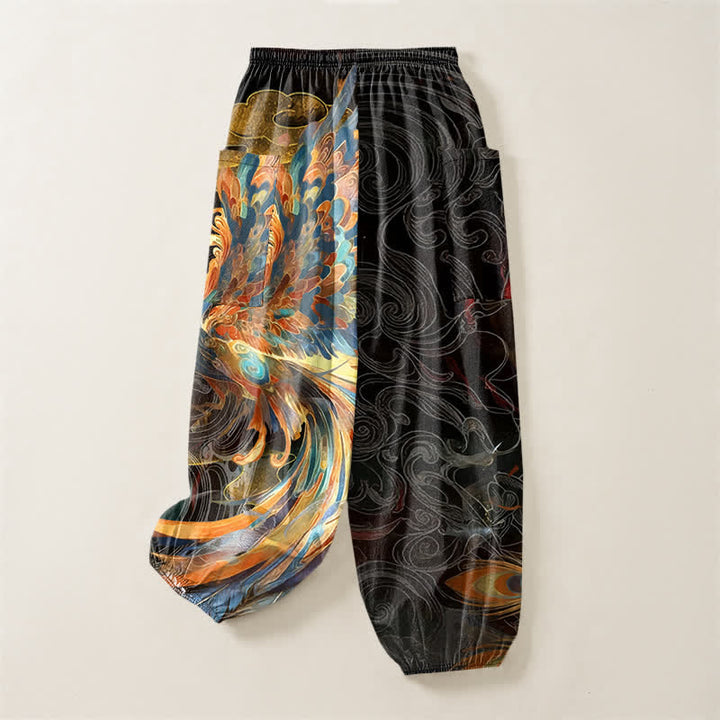 Buddha Stones Cotton Bohemian Flying Phoenix Feather Pattern Women's Elastic Waist Harem Pants With Side Pockets - image 4