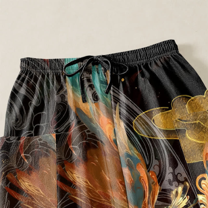 Buddha Stones Cotton Bohemian Flying Phoenix Feather Pattern Women's Elastic Waist Harem Pants With Side Pockets - image 5