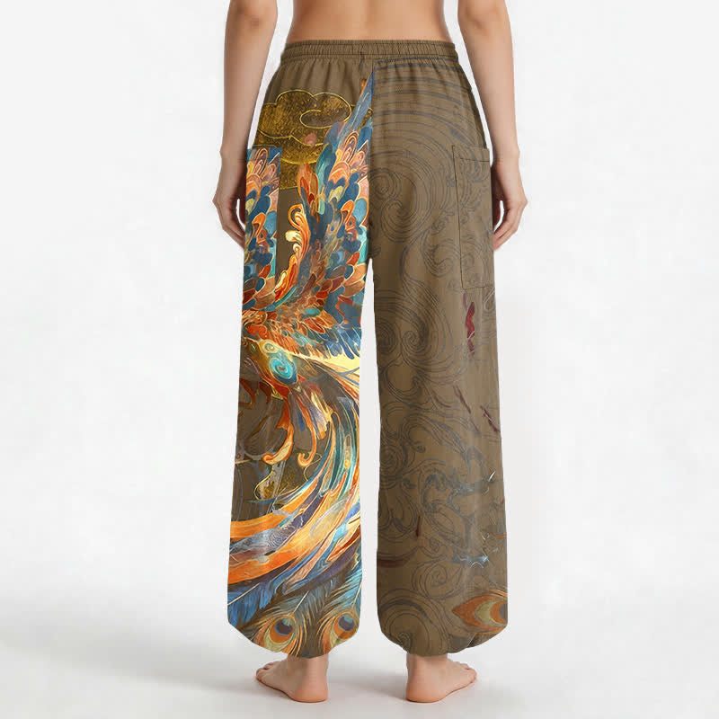 Buddha Stones Cotton Bohemian Flying Phoenix Feather Pattern Women's Elastic Waist Harem Pants With Side Pockets - image 9