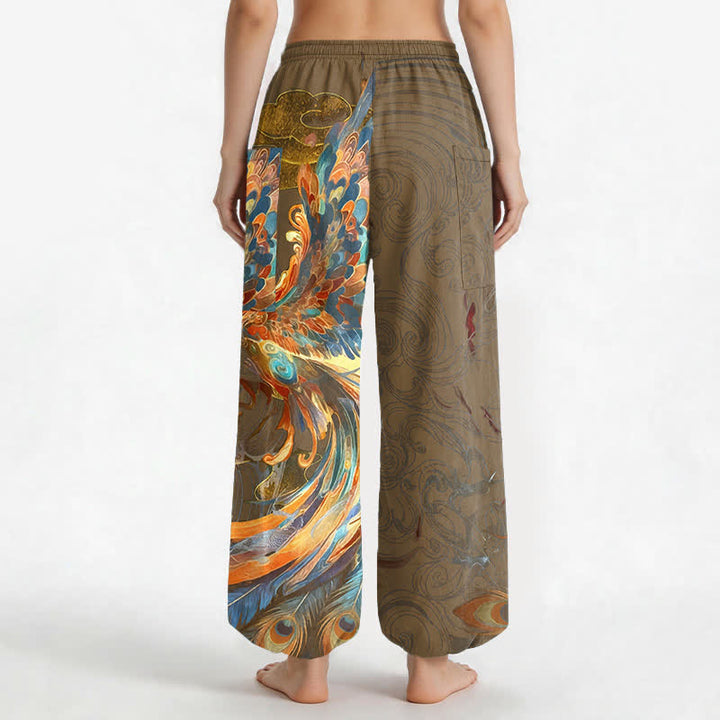 Buddha Stones Cotton Bohemian Flying Phoenix Feather Pattern Women's Elastic Waist Harem Pants With Side Pockets - image 9