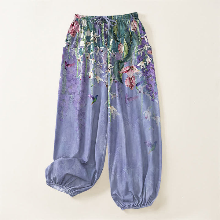 Buddha Stones Cotton Vintage Wisteria Birds Floral Pattern Women's Elastic Waist Harem Pants With Side Pockets - image 3