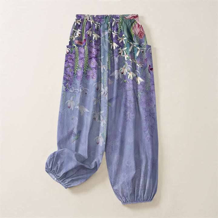 Buddha Stones Cotton Vintage Wisteria Birds Floral Pattern Women's Elastic Waist Harem Pants With Side Pockets - image 4