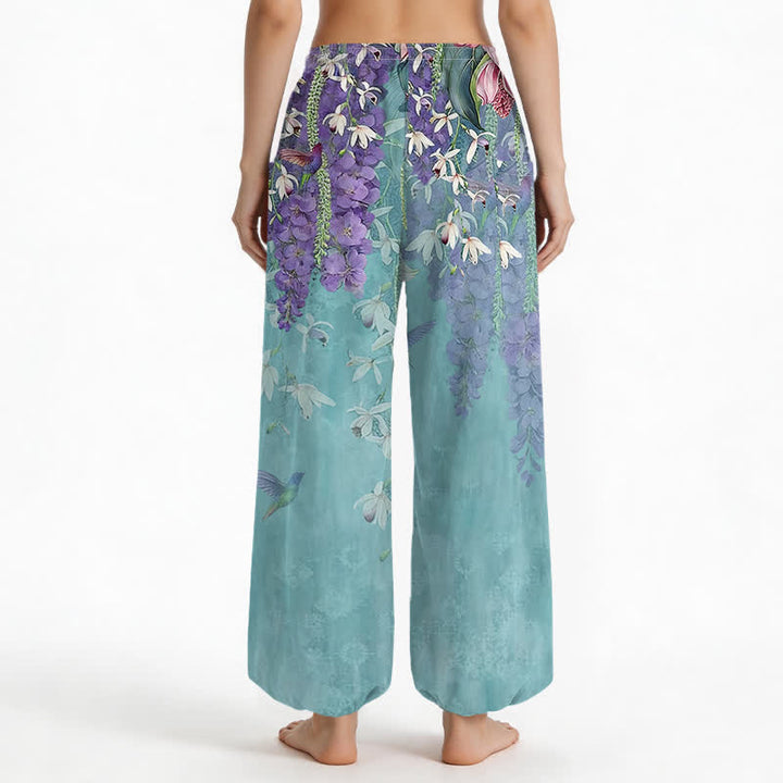 Buddha Stones Cotton Vintage Wisteria Birds Floral Pattern Women's Elastic Waist Harem Pants With Side Pockets - image 9