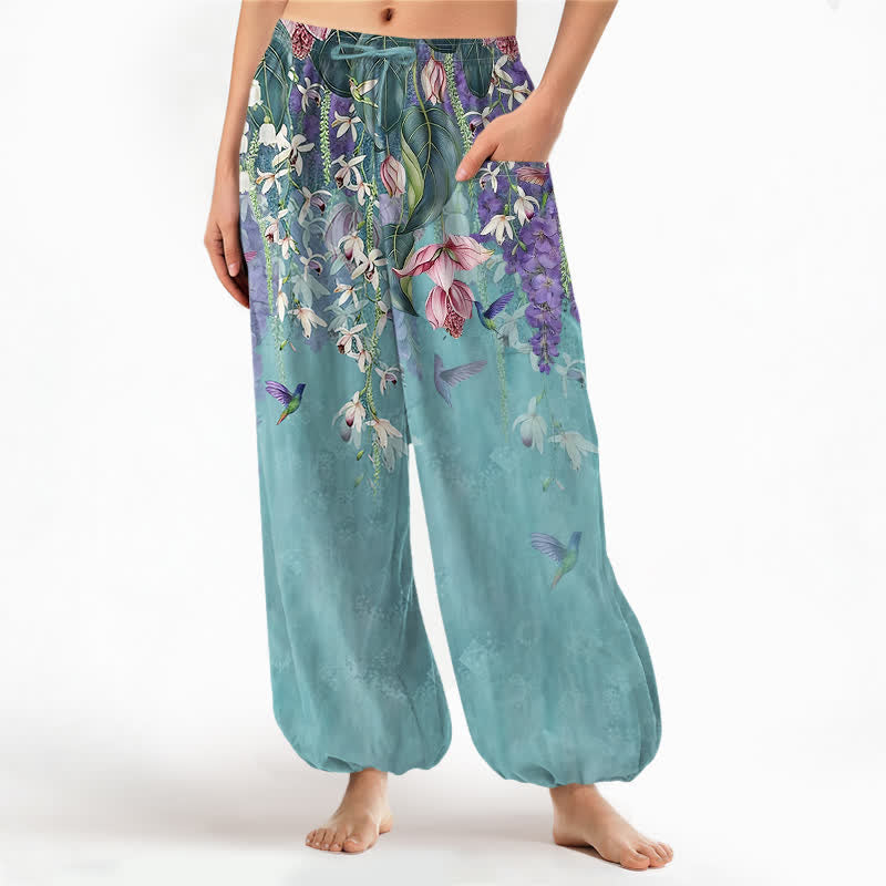 Buddha Stones Cotton Vintage Wisteria Birds Floral Pattern Women's Elastic Waist Harem Pants With Side Pockets - MediumTurquoise - US16，UK/AU20，EU48 (3XL) - image 7