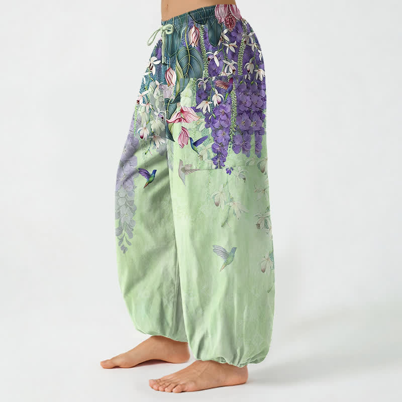 Buddha Stones Cotton Vintage Wisteria Birds Floral Pattern Women's Elastic Waist Harem Pants With Side Pockets - image 11