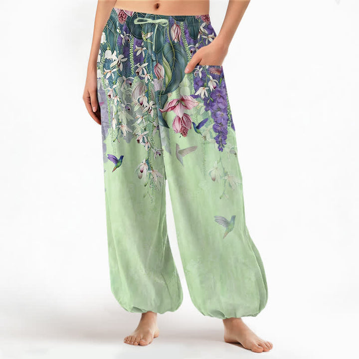 Buddha Stones Cotton Vintage Wisteria Birds Floral Pattern Women's Elastic Waist Harem Pants With Side Pockets - PaleGreen - US16，UK/AU20，EU48 (3XL) - image 10