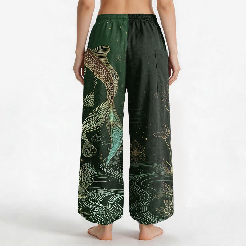 Buddha Stones Cotton Koi Fish Lotus Flowers Pattern Women's Elastic Waist Harem Pants With Side Pockets - image 12