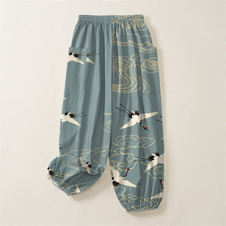 Buddha Stones Cotton Oriental White Crane Cloud Pattern Women's Elastic Waist Harem Pants With Side Pockets - image 4