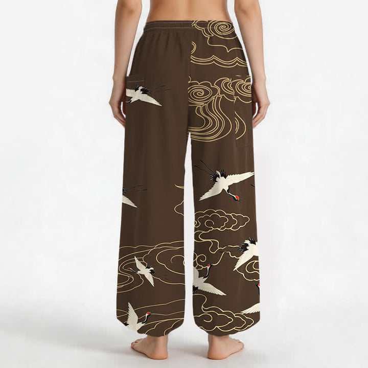 Buddha Stones Cotton Oriental White Crane Cloud Pattern Women's Elastic Waist Harem Pants With Side Pockets - image 9