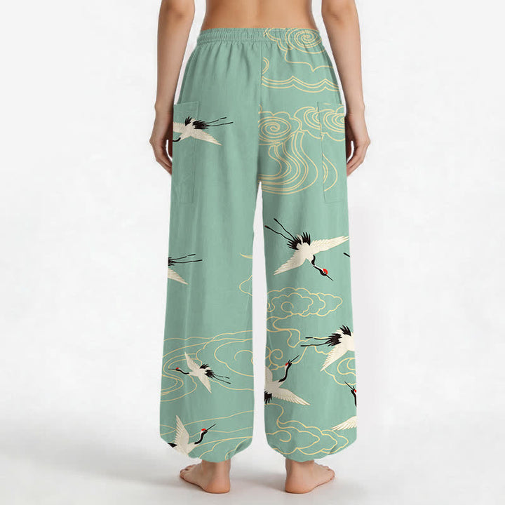 Buddha Stones Cotton Oriental White Crane Cloud Pattern Women's Elastic Waist Harem Pants With Side Pockets - image 12