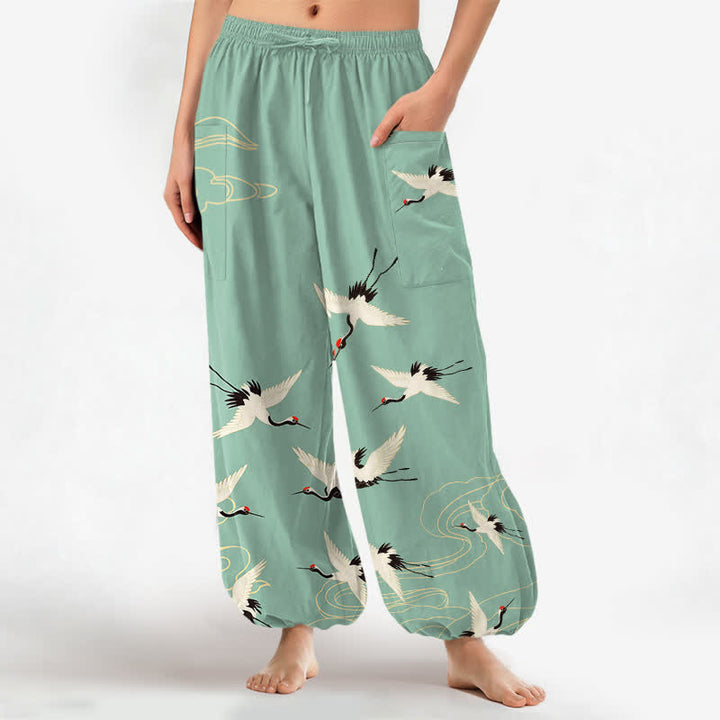 Buddha Stones Cotton Oriental White Crane Cloud Pattern Women's Elastic Waist Harem Pants With Side Pockets - MediumAquamarine - US16，UK/AU20，EU48 (3XL) - image 10