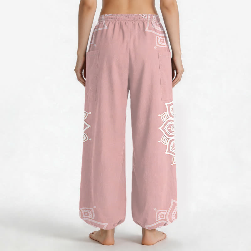 Buddha Stones Cotton Boho White Mandala Pattern Women's Elastic Waist Harem Pants With Side Pockets - image 2