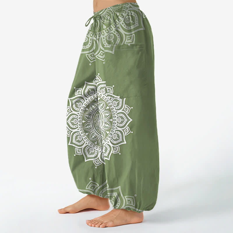 Buddha Stones Cotton Boho White Mandala Pattern Women's Elastic Waist Harem Pants With Side Pockets - image 8