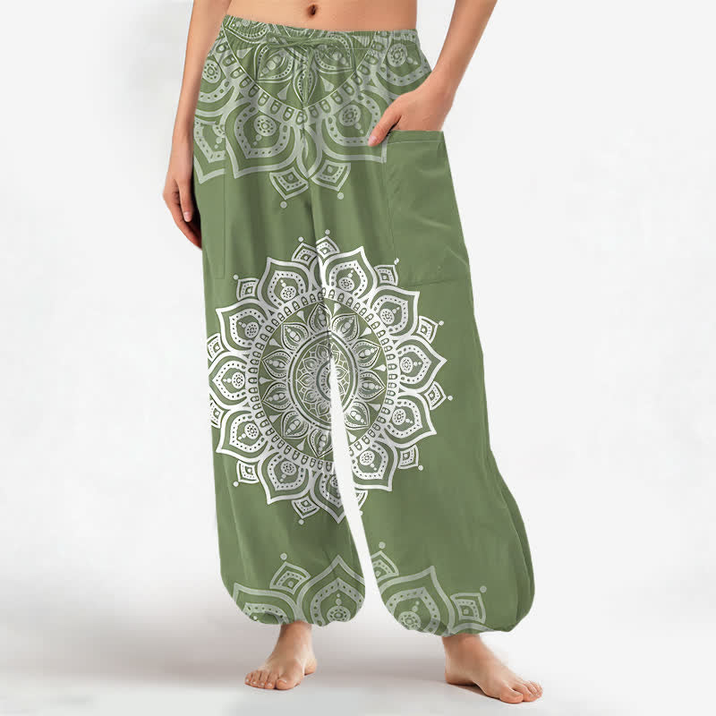Buddha Stones Cotton Boho White Mandala Pattern Women's Elastic Waist Harem Pants With Side Pockets - DarkSeaGreen - US16，UK/AU20，EU48 (3XL) - image 7