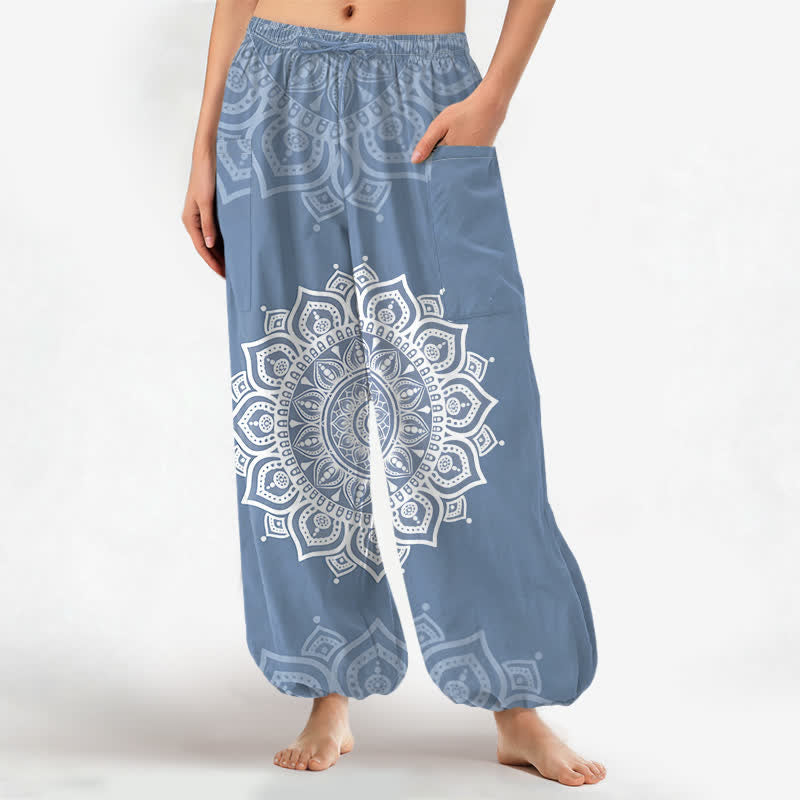 Buddha Stones Cotton Boho White Mandala Pattern Women's Elastic Waist Harem Pants With Side Pockets - LightSteelBlue - US16，UK/AU20，EU48 (3XL) - image 10