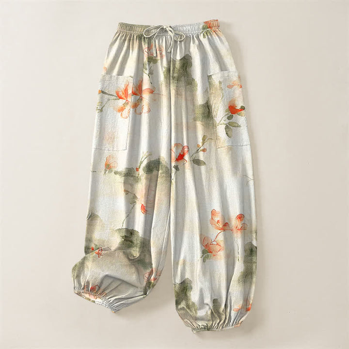 Buddha Stones Cotton Watercolor Floral Butterfly Pattern Women's Elastic Waist Harem Pants With Side Pockets - image 3