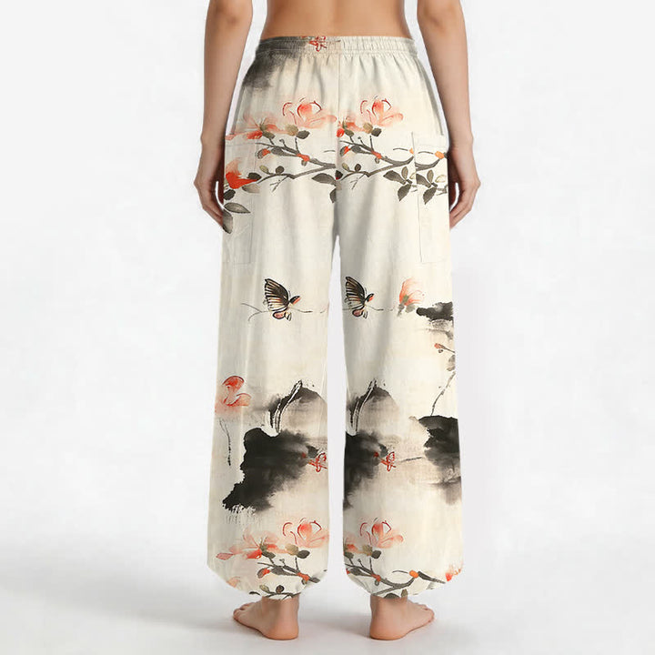 Buddha Stones Cotton Watercolor Floral Butterfly Pattern Women's Elastic Waist Harem Pants With Side Pockets - image 9