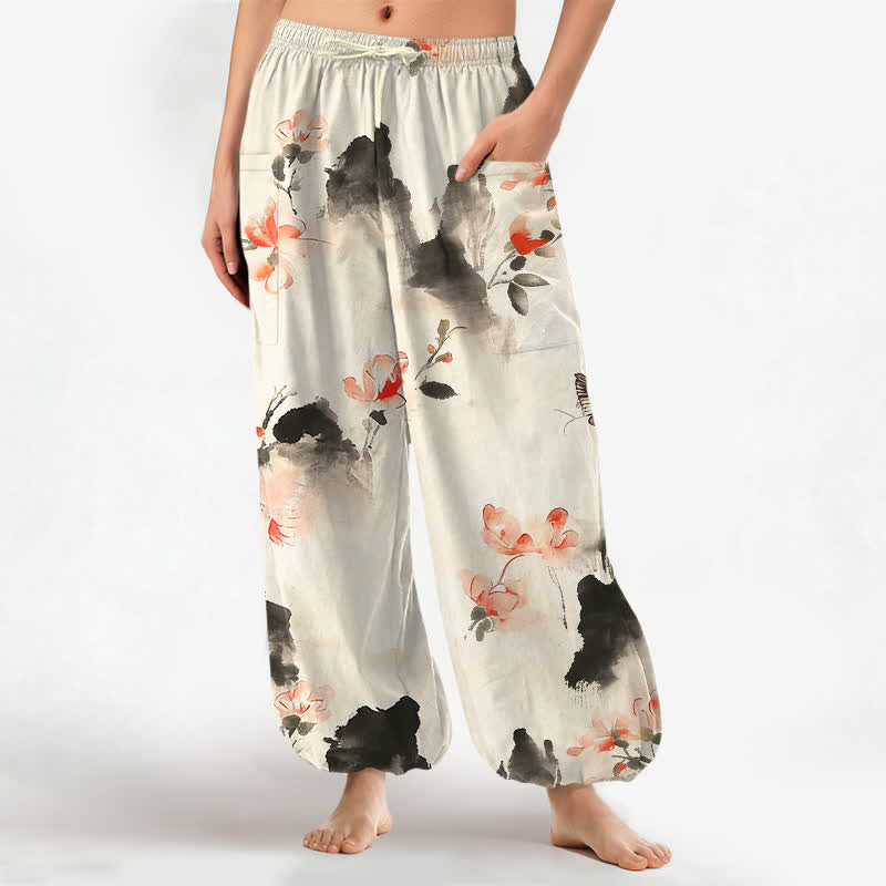 Buddha Stones Cotton Watercolor Floral Butterfly Pattern Women's Elastic Waist Harem Pants With Side Pockets - DarkGray - US16，UK/AU20，EU48 (3XL) - image 7