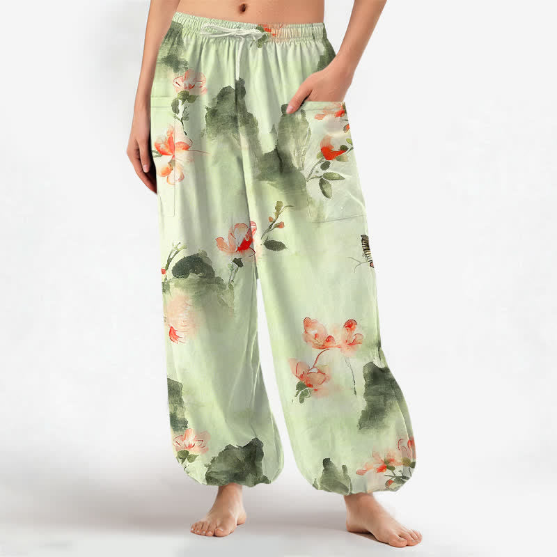 Buddha Stones Cotton Watercolor Floral Butterfly Pattern Women's Elastic Waist Harem Pants With Side Pockets - MintCream - US16，UK/AU20，EU48 (3XL) - image 10