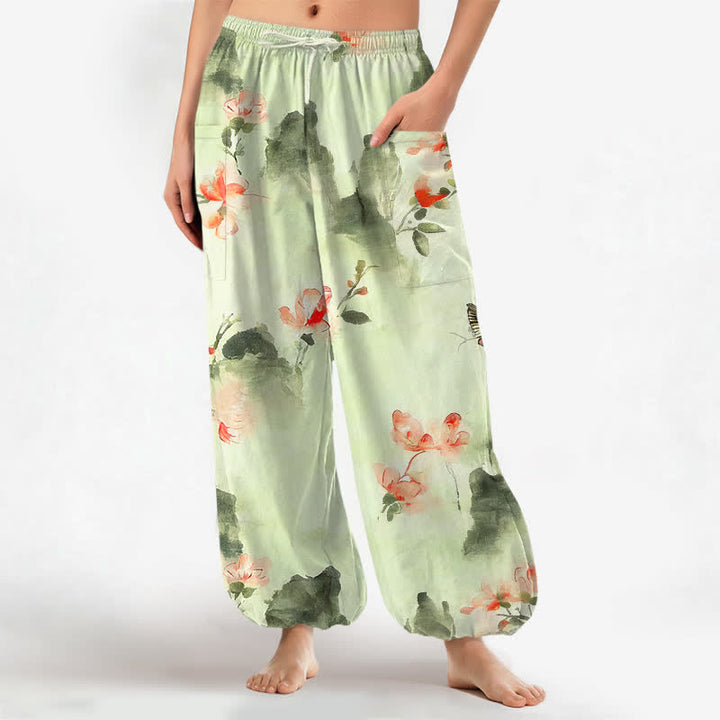 Buddha Stones Cotton Watercolor Floral Butterfly Pattern Women's Elastic Waist Harem Pants With Side Pockets - MintCream - US16，UK/AU20，EU48 (3XL) - image 10