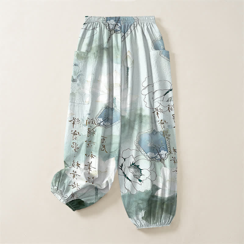 Buddha Stones Cotton Lotus Ink Wash Pattern Women's Elastic Waist Harem Pants With Side Pockets - image 4