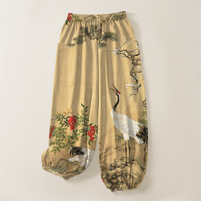 Buddha Stones Cotton Oriental Crane Pine Blossom Pattern Women's Elastic Waist Harem Pants With Side Pockets - image 3