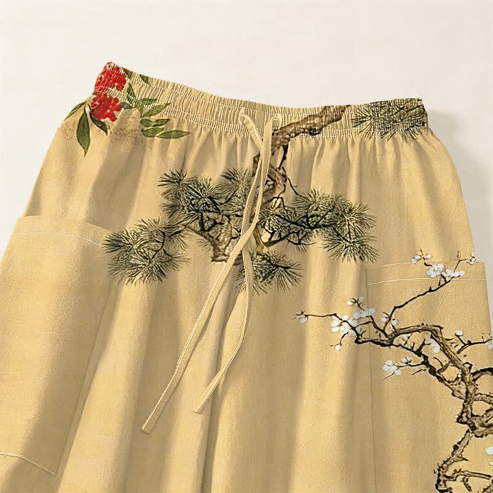Buddha Stones Cotton Oriental Crane Pine Blossom Pattern Women's Elastic Waist Harem Pants With Side Pockets - image 5
