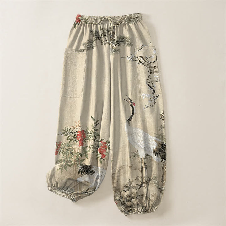Buddha Stones Cotton Oriental Crane Pine Blossom Pattern Women's Elastic Waist Harem Pants With Side Pockets - image 10