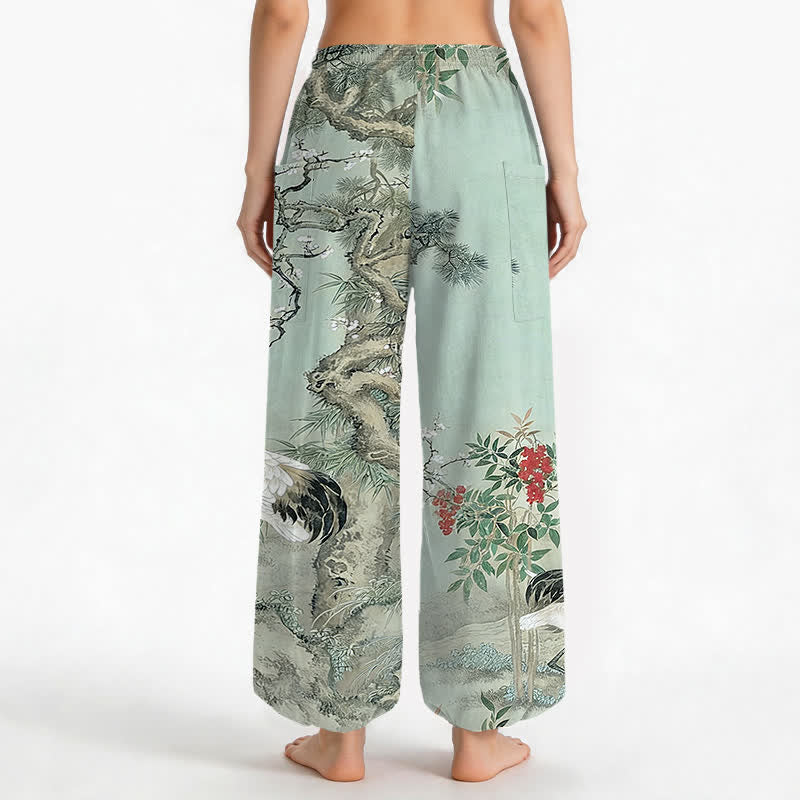 Buddha Stones Cotton Oriental Crane Pine Blossom Pattern Women's Elastic Waist Harem Pants With Side Pockets - image 14