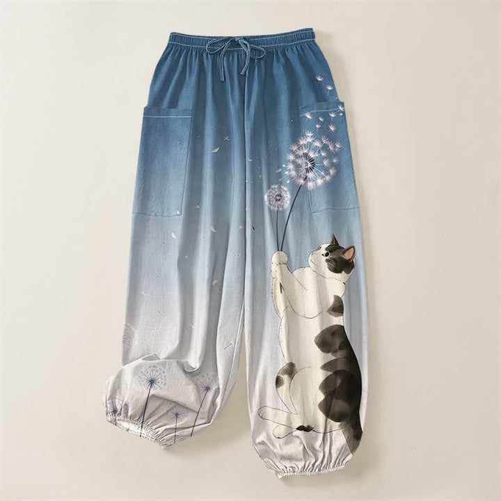 Buddha Stones Cotton Dreamy Cow Cat Dandelion Pattern Women's Elastic Waist Harem Pants With Side Pockets - image 3