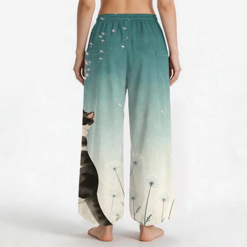 Buddha Stones Cotton Dreamy Cow Cat Dandelion Pattern Women's Elastic Waist Harem Pants With Side Pockets - image 9