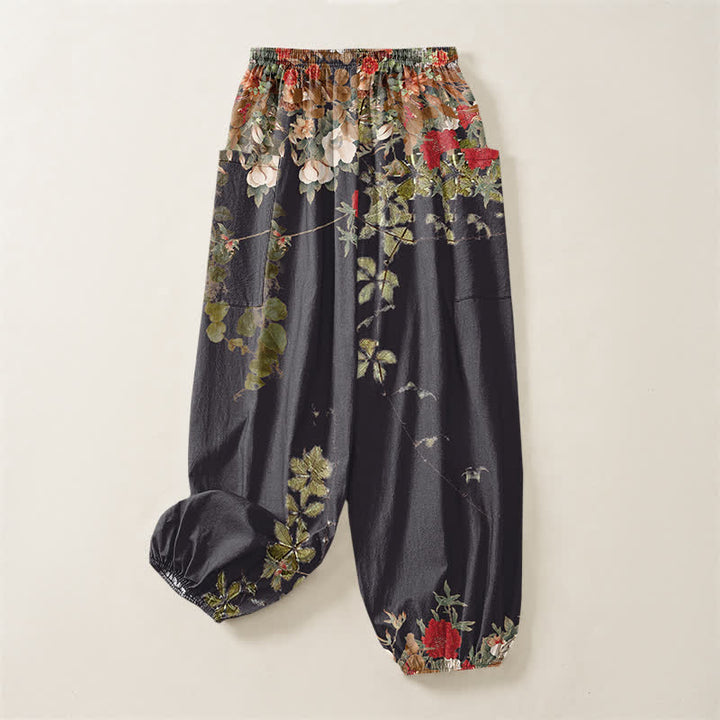 Buddha Stones Cotton Vintage Red Peony Flower Vine Pattern Women's Elastic Waist Harem Pants With Side Pockets - image 3